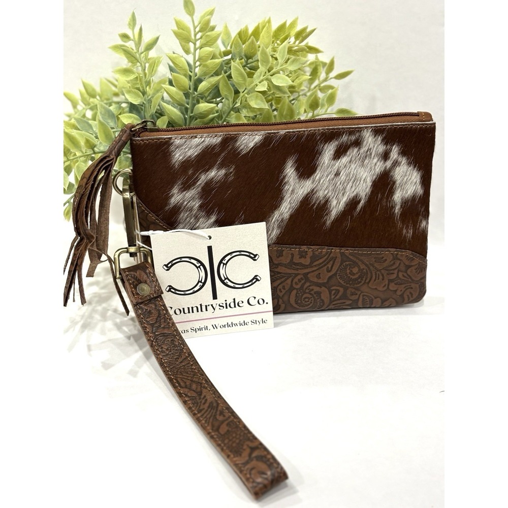 Countryside Co. Cowhide Tooled Leather Wristlet Clutch Brown White NWT